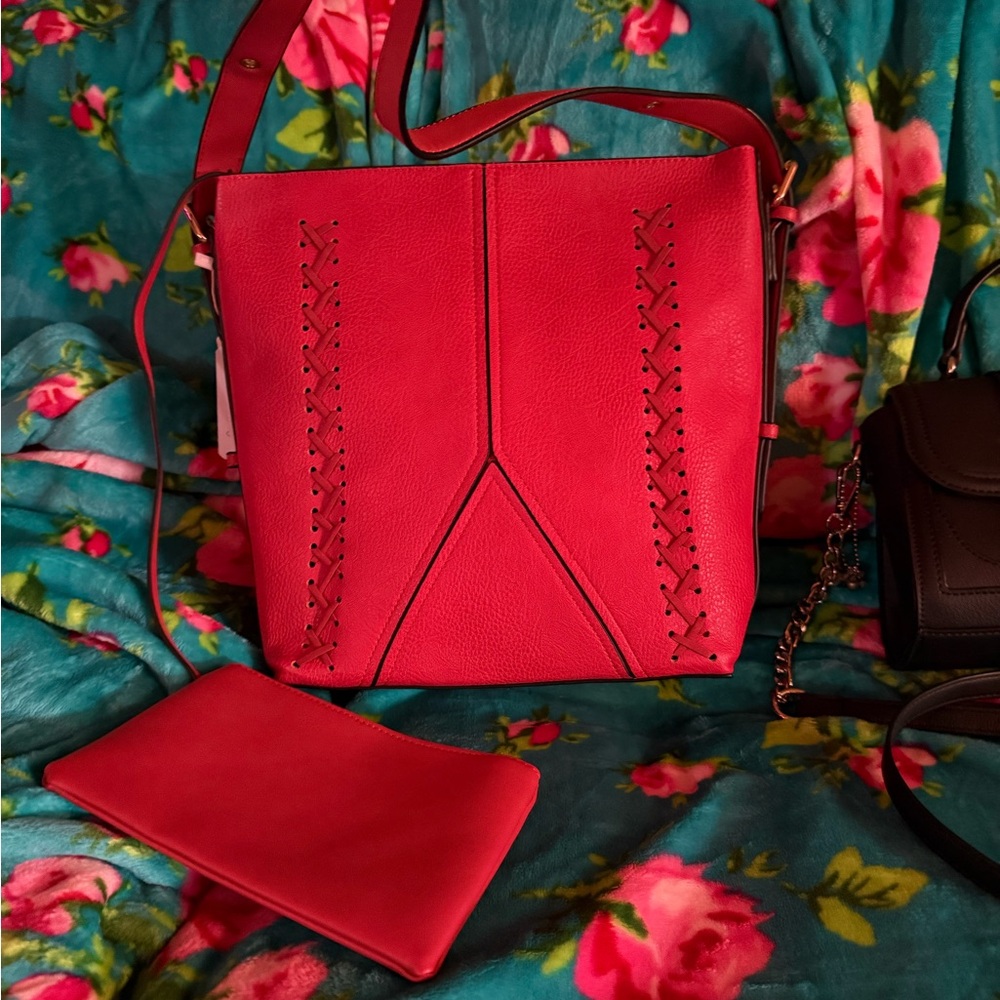 Mellow World Perforated Red Women's Bag with Pouch NWT Gold Hardware